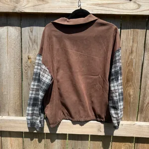 Brown Plaid Mixed Media Zip Up Jacket Flannel Sleeve Bomber Medium thumbnail 3