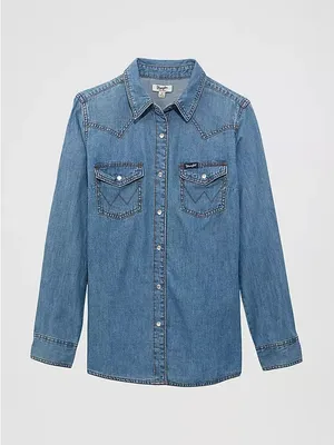 $70 NWOT WOMEN'S WRANGLER CLASSIC WESTERN SNAP DENIM SHIRT in mid wash L thumbnail 4