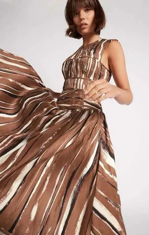 NEW Aje Gabrielle Stripe Pleated Linen Blend Midi Dress brown black small (8) thumbnail 1