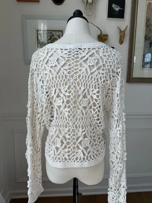 Vintage 90s Y2K One Step Up Ivory Open Knit Crochet Long Sleeve Crop Top OSFM thumbnail 5