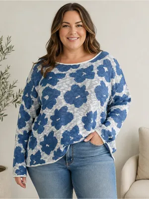 Sweet Lovely by Jen Blue & White Floral Sweater Size Large thumbnail 1