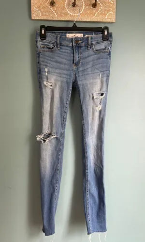 Hollister Light Blue Denim Ripped Skinny Jeans 0s thumbnail 2