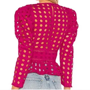 Lovers + Friends Hot Pink Puff Sleeve Peplum Top Cut Out Eyelet Size Small thumbnail 2