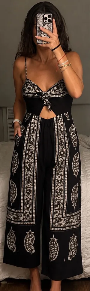 Free People Feel The Sun Jumpsuit NWT Black Paisley Wide Leg Size 2 thumbnail 1