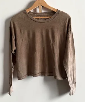Aerie‎ Womens XS Brown Mineral Wash Long Sleeve Cropped T-Shirt Oversized Fit thumbnail 1