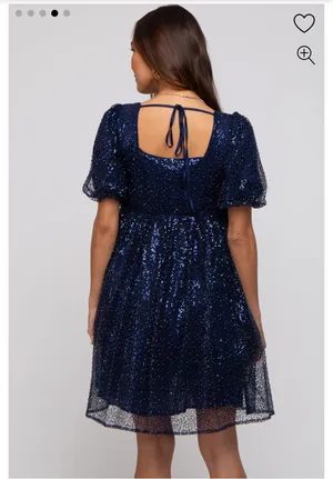 Pinkblush Navy Blue Sequin Pearl Embellished Square Neck Babydoll Maternity Dress thumbnail 3