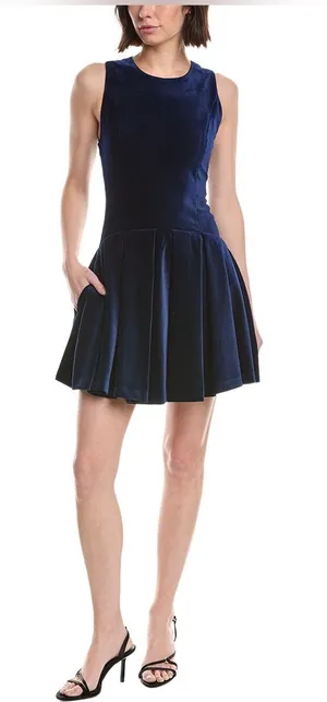 Alice + Olivia Navy Sleeveless Fit-and-Flare Dress Size 6 Adley Pleated Velvet thumbnail 1