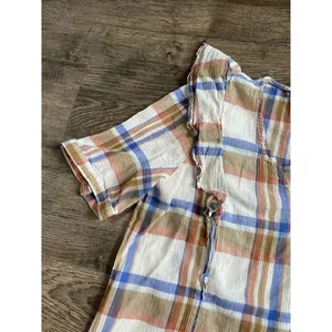EUC Womens Madewell V‎ Neck Shoulder Ruffle Top In Plaid Short Sleeve Size L thumbnail 6