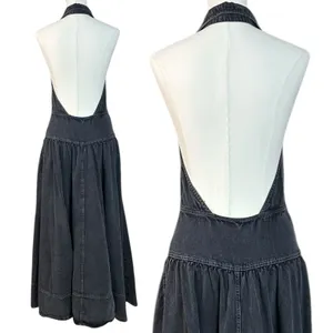 Free People Soundwave Denim Halter Maxi Dress in Black Bohemian Size Small thumbnail 6