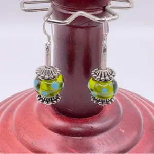Lampwork Green Polka Dot Glass Dangle Earrings Silver Tone thumbnail 5