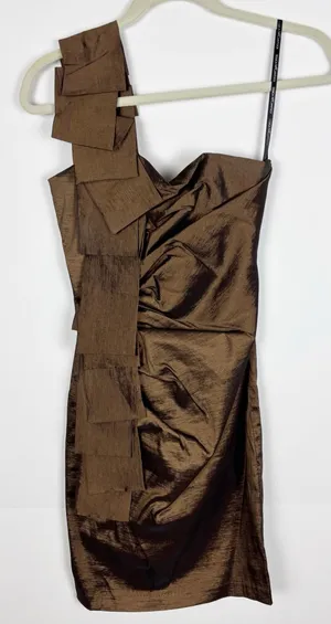Jessica McClintock Dress Size 6 Brown Taffeta One Shoulder Ruched Ruffle Mini thumbnail 1