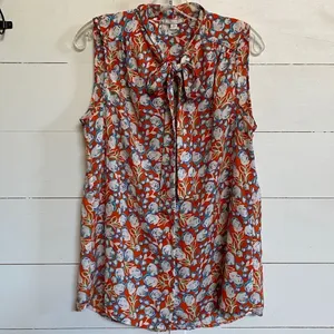 Pleione Womens Sleeveless Tie Neck Floral Blouse Orange Blue White WQZ58232RK M‎ thumbnail 8