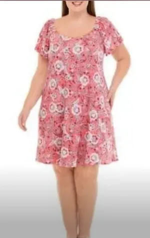 Signature by Bobbie Brooks Coral Floral Print Dress Plus Size 1X‎ Short Sleeve thumbnail 1