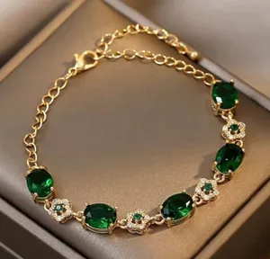 18K Gold Plated Green Crystal Emerald Charm Bracelet for Women thumbnail 1