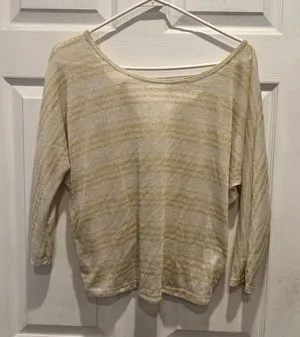 Tea N Rose Womens Gold Metallic Striped Ruched Back Top Cream‎ Large Festival thumbnail 1