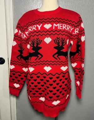 Merry Christmas Sweater Dress Womens Medium Red Reindeer Hearts Fair Isle thumbnail 1