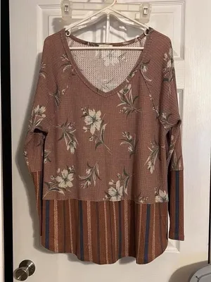 ODDY Mauve Floral & Stripe V‑Neck Long Sleeve Top thumbnail 2