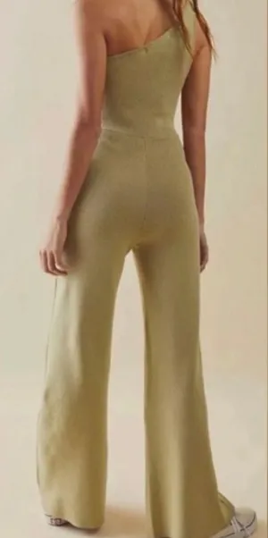 Free People Asymmetric Ribbed One-Shoulder Jumpsuit in Olive Green thumbnail 1