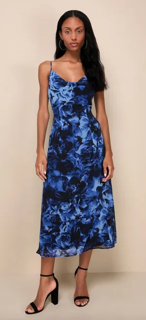 Lulus Beautiful Persona Blue Floral Chiffon Cowl A-Line Midi Dress Small NWT thumbnail 1