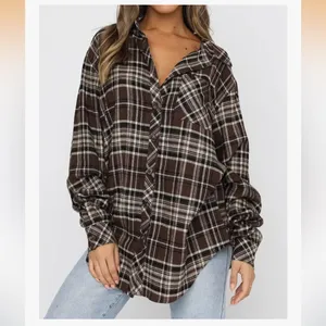 LaCozy Women’s Oversized Flannel Shirt in Brown Plaid thumbnail 3