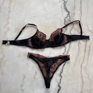 90s Vintage Wacoal Onvieve Set Floral Copper Metallic Mesh 34B Bra Thong Small thumbnail 5