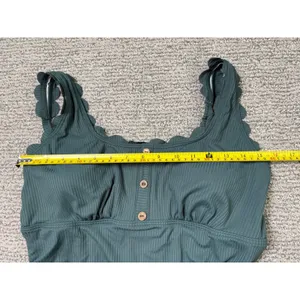 Wishlist Green Ribbed Scalloped One‎ Piece Swimsuit Henley Button Front Ruched Size L thumbnail 6