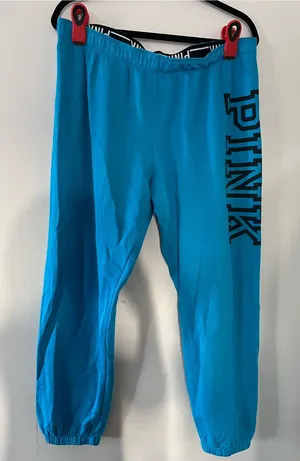 PINK Victoria's Secret Blue Logo Sweatpants Large Joggers Loungewear thumbnail 1