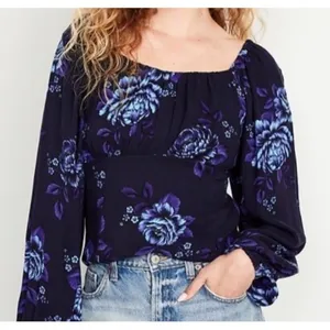 Old Navy Womens M Puff Sleeve Smock Long Sleeve Blouse Navy Blue Floral‎ Cottage thumbnail 2