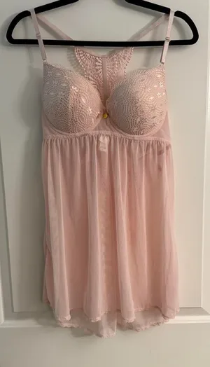Jessica Simpson Peach Coral Pink Lace Chemise Slip with matching Panties L-36C thumbnail 1