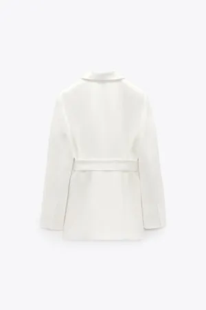 ZARA Tuxedo Blazer With Waist Tie Suit Jacket White thumbnail 5
