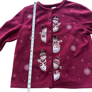 Vintage‎ Snowman Christmas Button Up Fleece Cardigan Burgundy Size Large thumbnail 4
