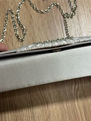 Gunne Sax Silver Satin Evening Clutch‎ with Rhinestone Chain thumbnail 7