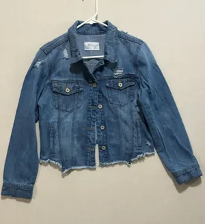 KanCan Medium Blue Distressed Cropped Denim Jacket thumbnail 1