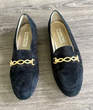Vintage Carriage Court Black Suede Leather Loafers with Gold‎ Chain Detail thumbnail 1