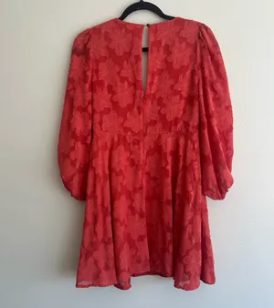 Anthropologie Jacquard Plunge Mini Dress Red Floral Textured Size 0 thumbnail 3