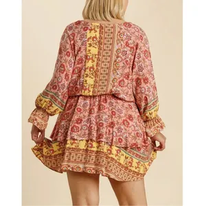 Umgee Floral Border Print Layered Mini Dress Boho Gypsy Rose Pink Plus Size 1X thumbnail 2