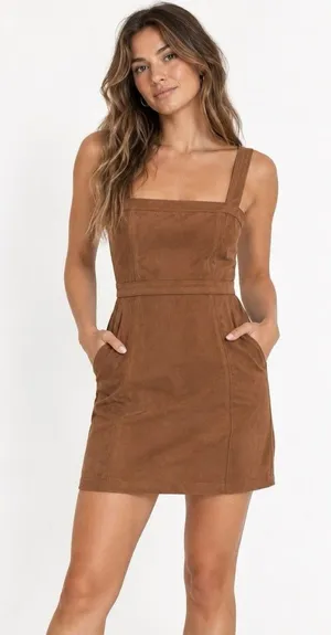 Abercrombie & Fitch Faux Suede Mini Dress Brown Square Neck Pockets Size Small thumbnail 1