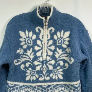 Berkley Jensen Blue White Nordic Floral Fleece Quarter Zip Pullover Small thumbnail 3