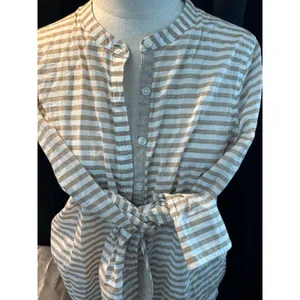 Grand & Greene Tan White Striped Cotton Button Down Shirt Mandarin Collar Small thumbnail 3