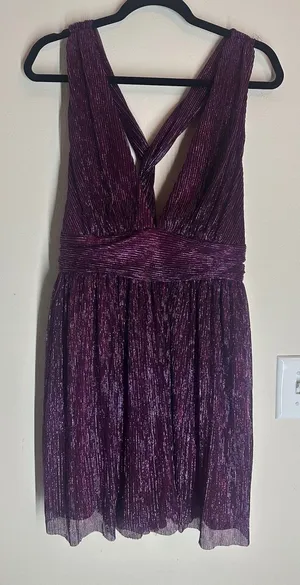 Lulus XL Purple Metallic Pleated Mini Dress NWT Deep V Party Cocktail Dress thumbnail 1