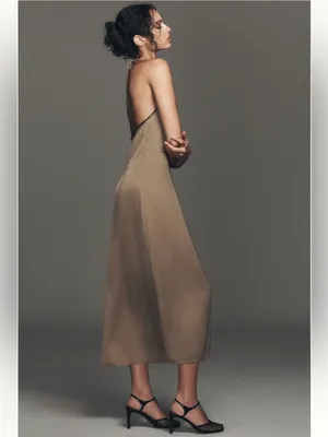 ANTHROPOLOGIE Lace Halter Midi Satin Slip Dress Taupe Size XL NEW thumbnail 6