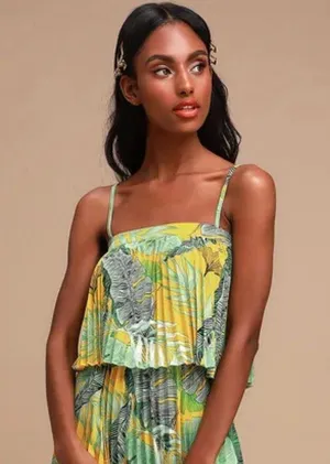 Lulus Chase the Sun Yellow Tropical Print Pleated Crop Top - M thumbnail 2