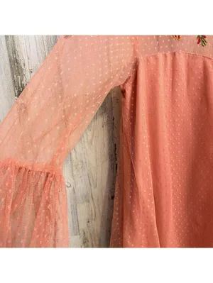 Women's Large Coral Embroidered Swiss Dot Mesh Boho Dress thumbnail 7