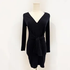 Free People Ginger Dress Size XS Black Cozy Knit Tie Waist‎ V Neck Mini Bodycon thumbnail 2