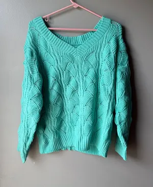 Mint Green Cable Knit V-Neck Sweater Coastal Cottagecore Soft Women’s thumbnail 1