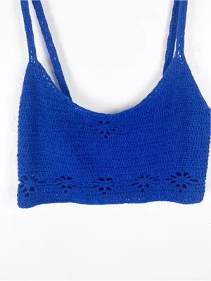 FREE PEOPLE Berkinette Blue Crochet Knit Crop Top Medium Boho Festival Concert thumbnail 9