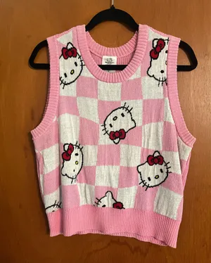 Hello Kitty Knit Sanrio Pink Checkered Sweater Vest thumbnail 1