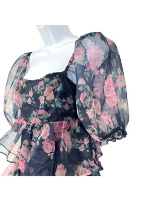 Altar'd State Coquette Babydoll Puff Sleeve Floral Mini Dress Size Medium thumbnail 12