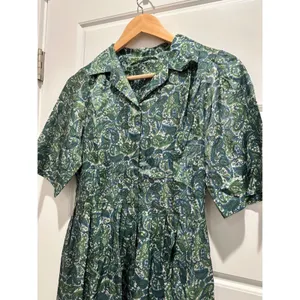 Vintage Handmade Green‎ Paisley Shirt Dress Short Sleeve Pleated A-Line Midi thumbnail 4