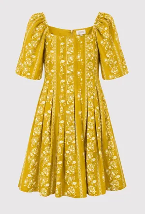 Mason's Daughter Mini Dress Yellow Emma Saffron Floral Square Puffed Boho Medium thumbnail 1